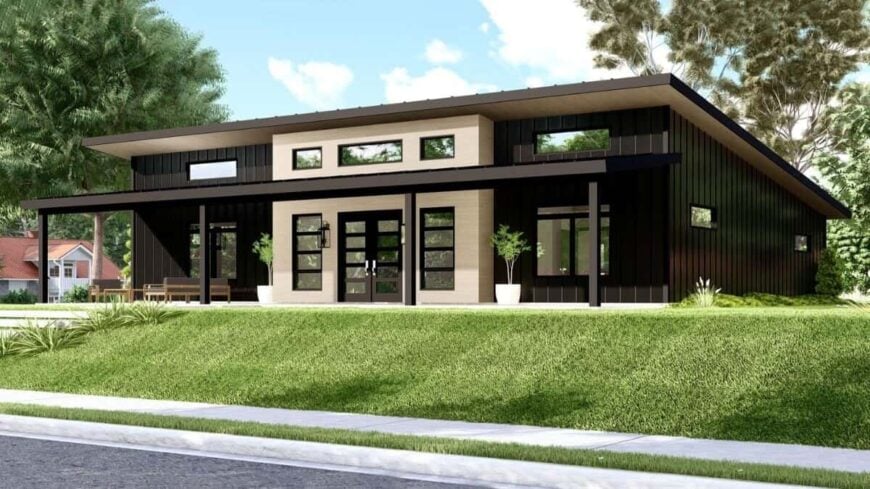 Contemporary Style Single-Story 3-Bedroom Home with Covered Front Porch and Open-Concept Living (Floor Plan)