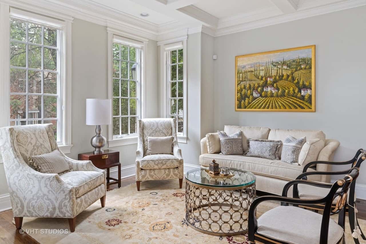 Transitional Tudor Home in Roscoe Village Featuring Elegant Coffered Ceilings
