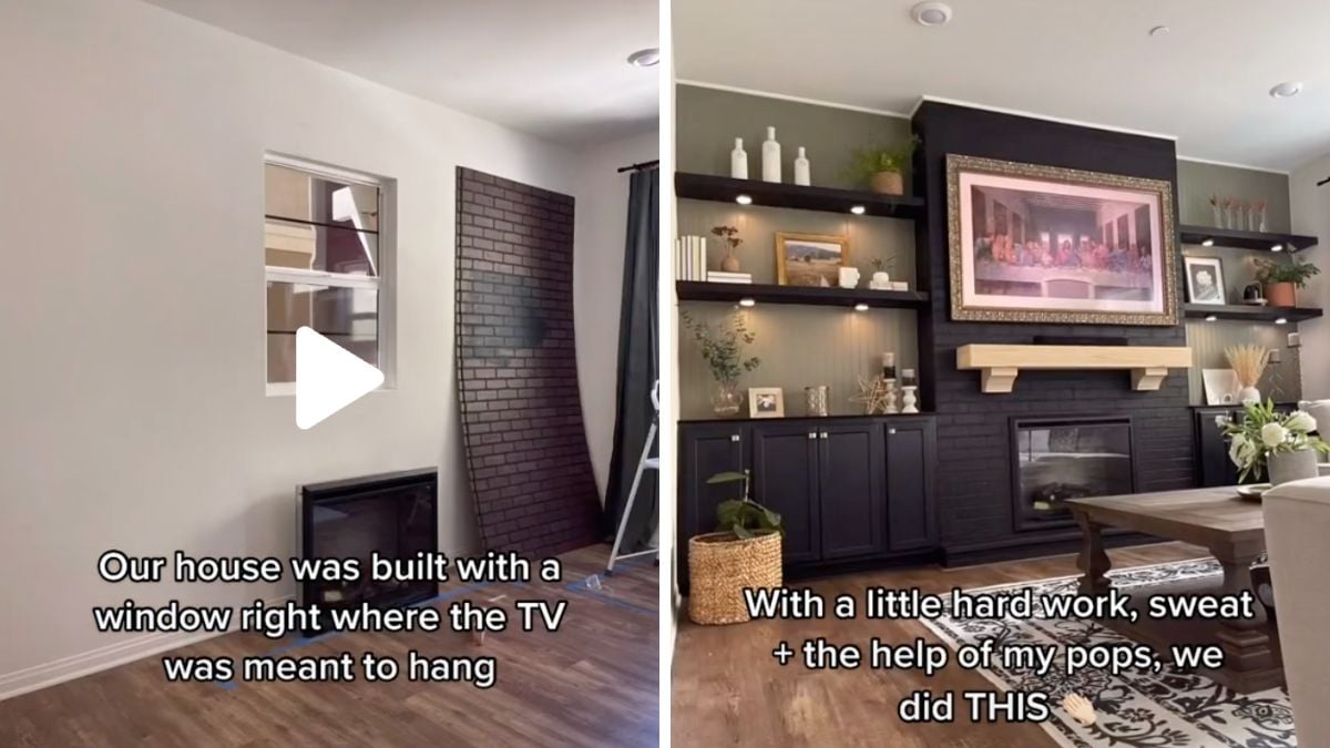 Couple Turns Boring Wall Into Show-Stopping Wall with Fireplace and Built-Ins