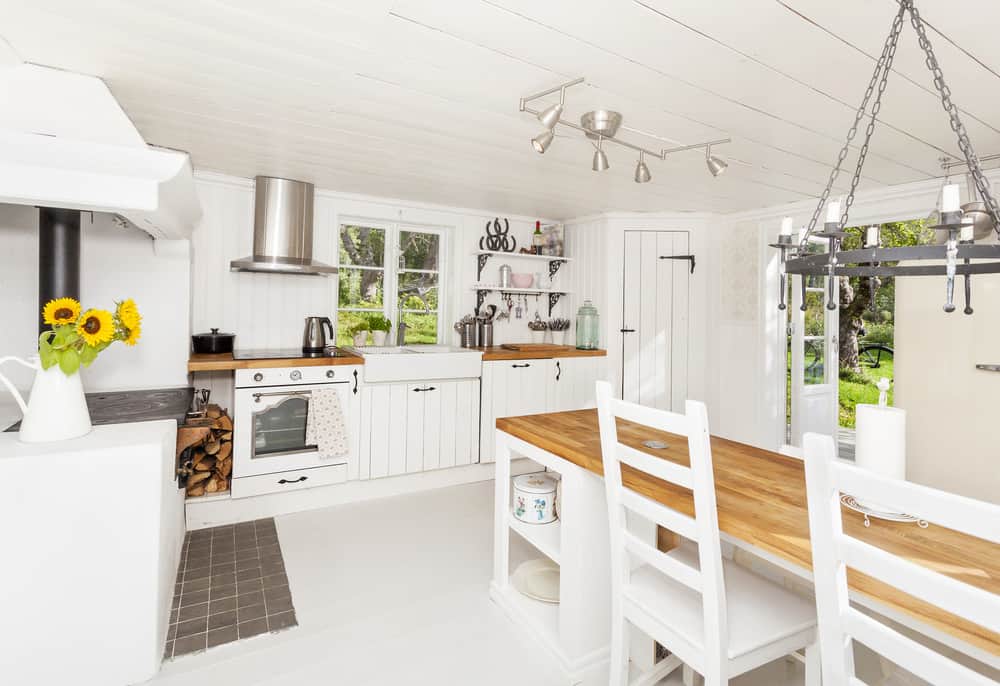 This is a farmhouse style kitchen with plenty of white.