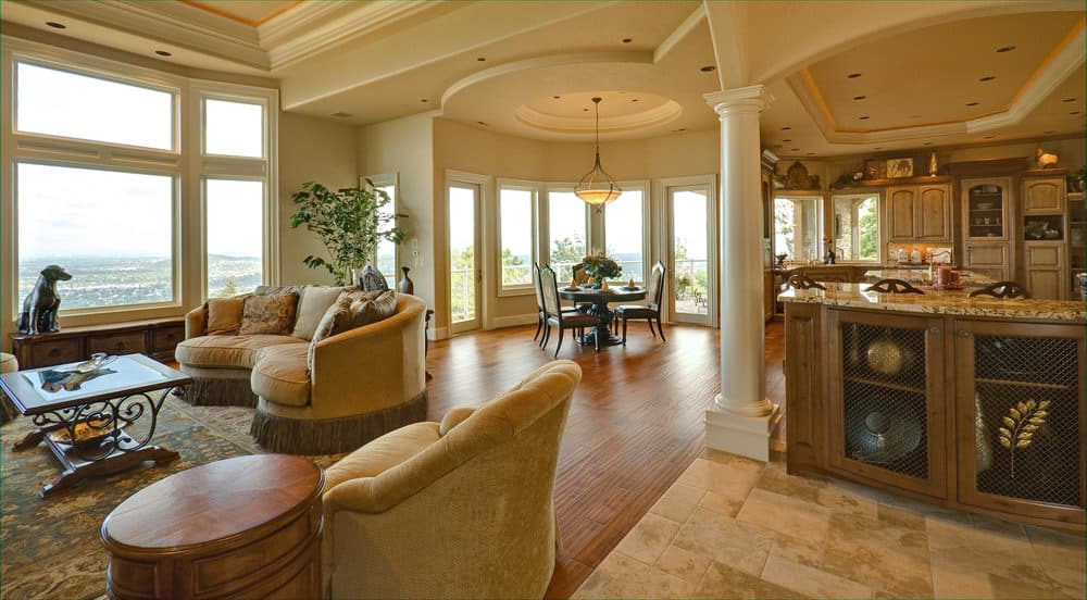 This is a Mediterranean-style living room and kitchen.