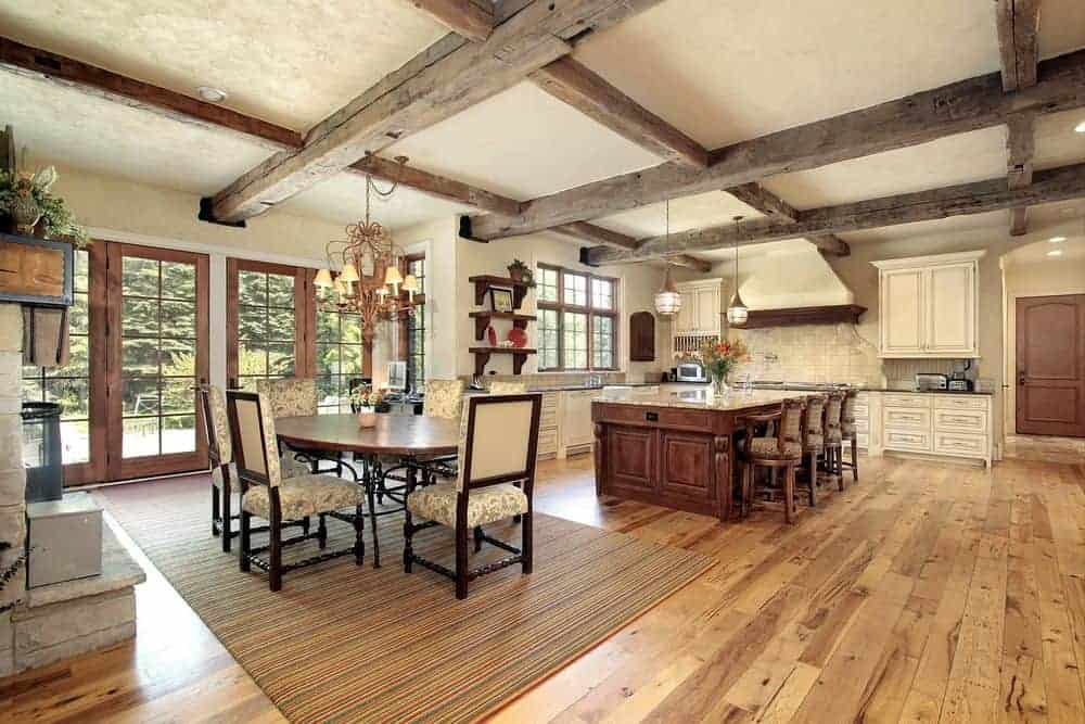This is a rustic kitchen décor with a view of the dining area.